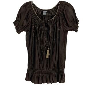 NWOT ISABELLA RODRIGUEZ Top S Satin Brown Beaded Embroidery Off Shoulder